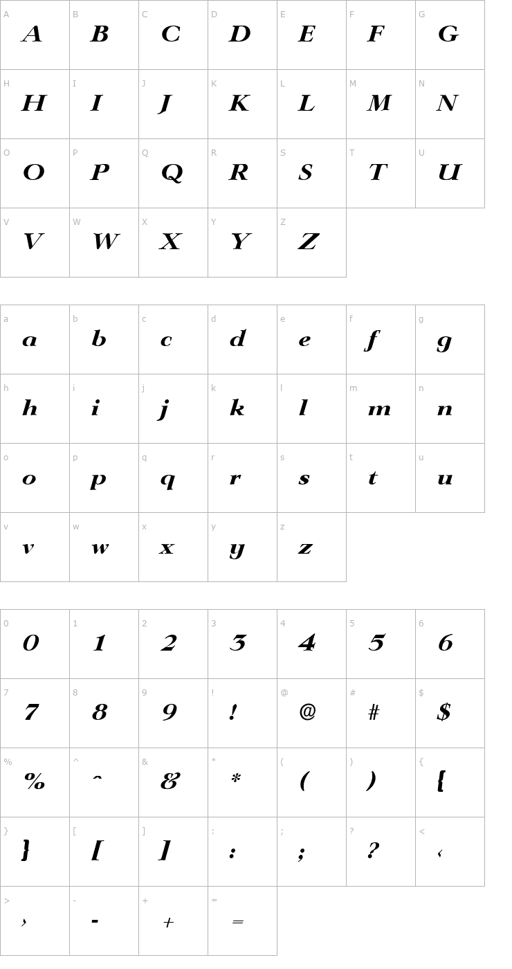 Character Map PhillipBecker-ExtraBold Italic Font