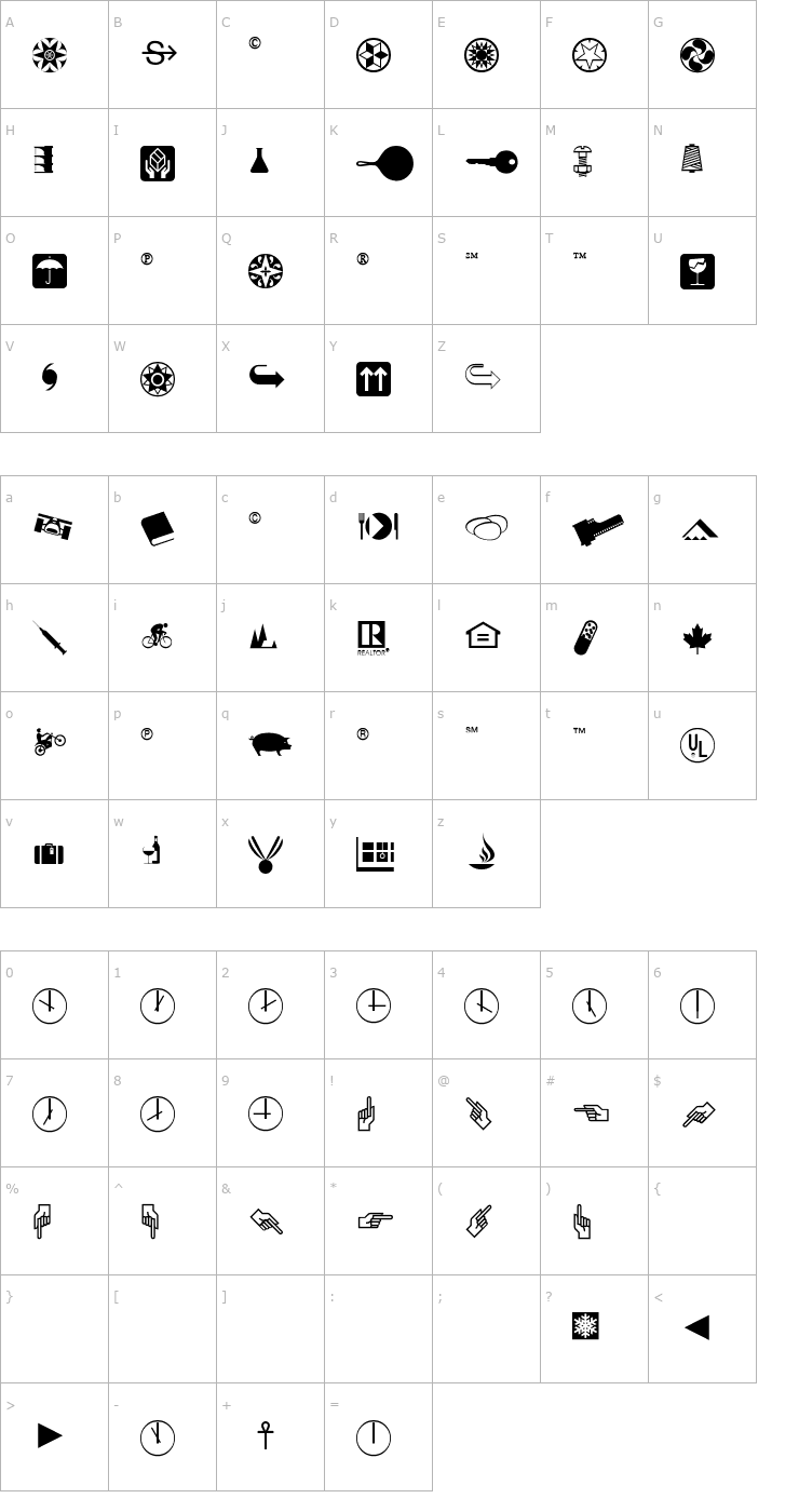 Character Map PIXymbolsDingbatsItalic Font