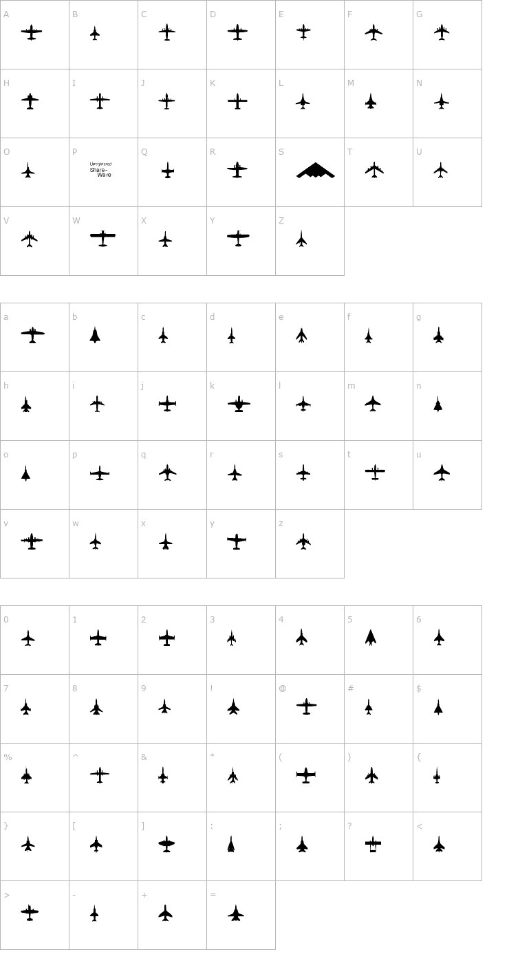 Character Map Planes-T-Modern Font