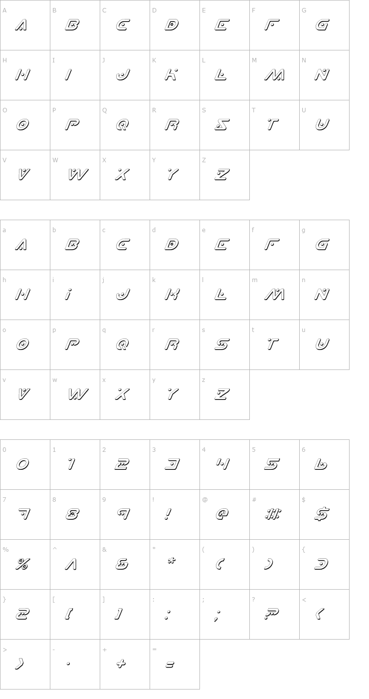 Character Map Planet X Shadow Italic Font