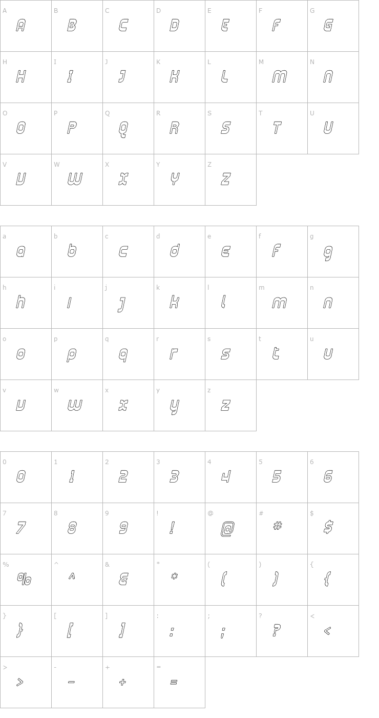 Character Map Plasmatica Outline Italic Font