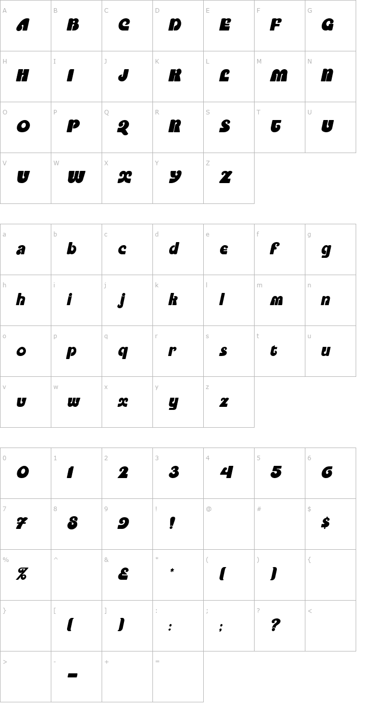 Character Map PookyDisplay Italic Font