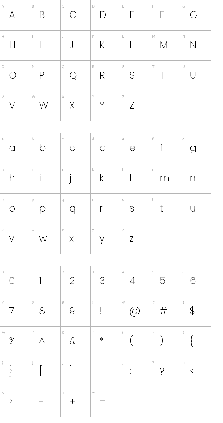 Character Map Poppins ExtraLight Font