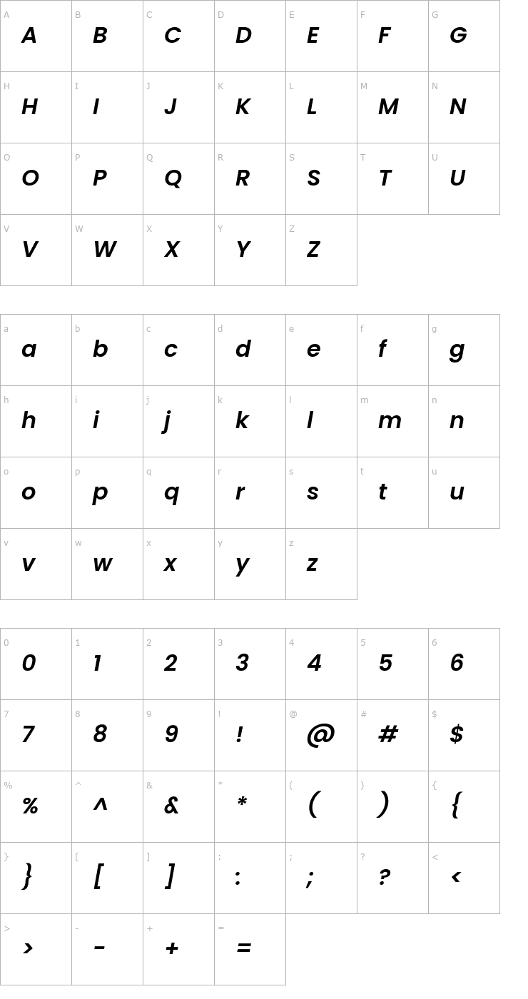 Character Map Poppins SemiBold Italic Font