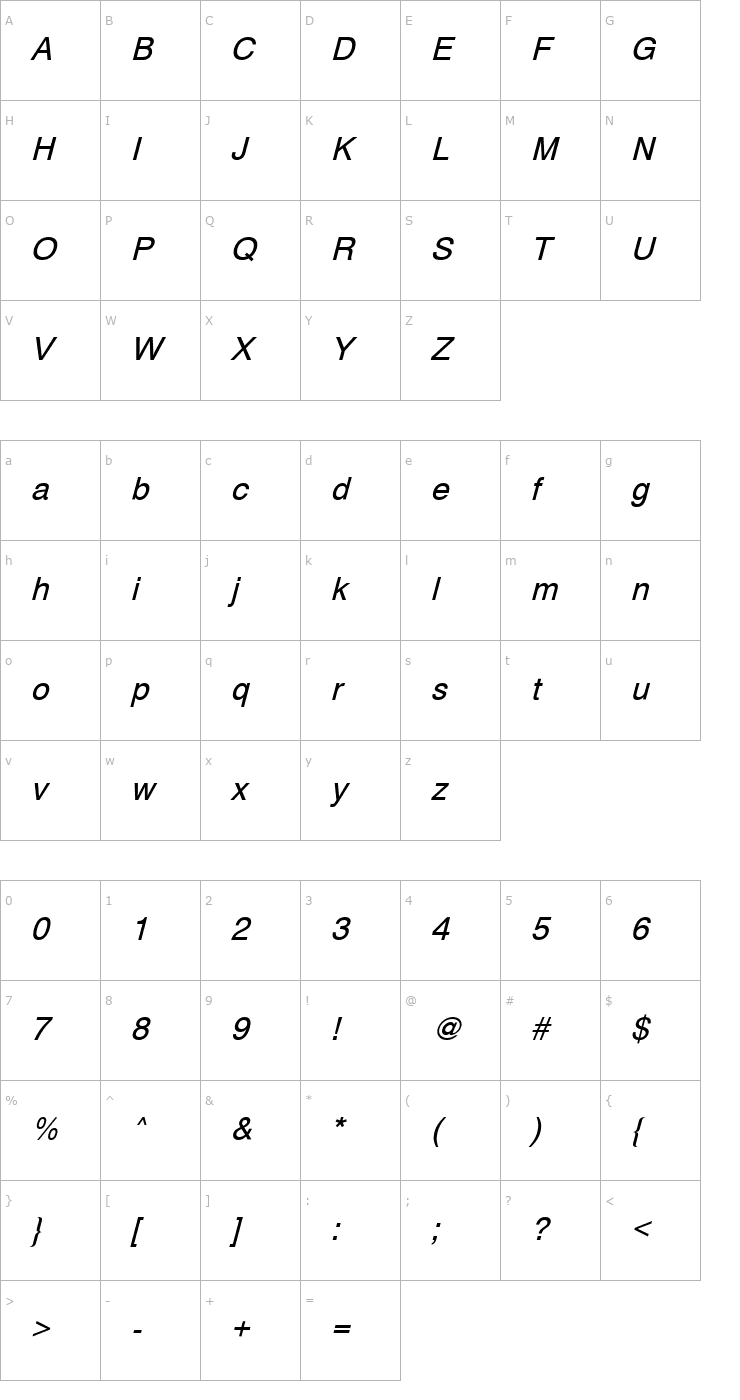 Character Map PP Helvetic Normal-Italic Font