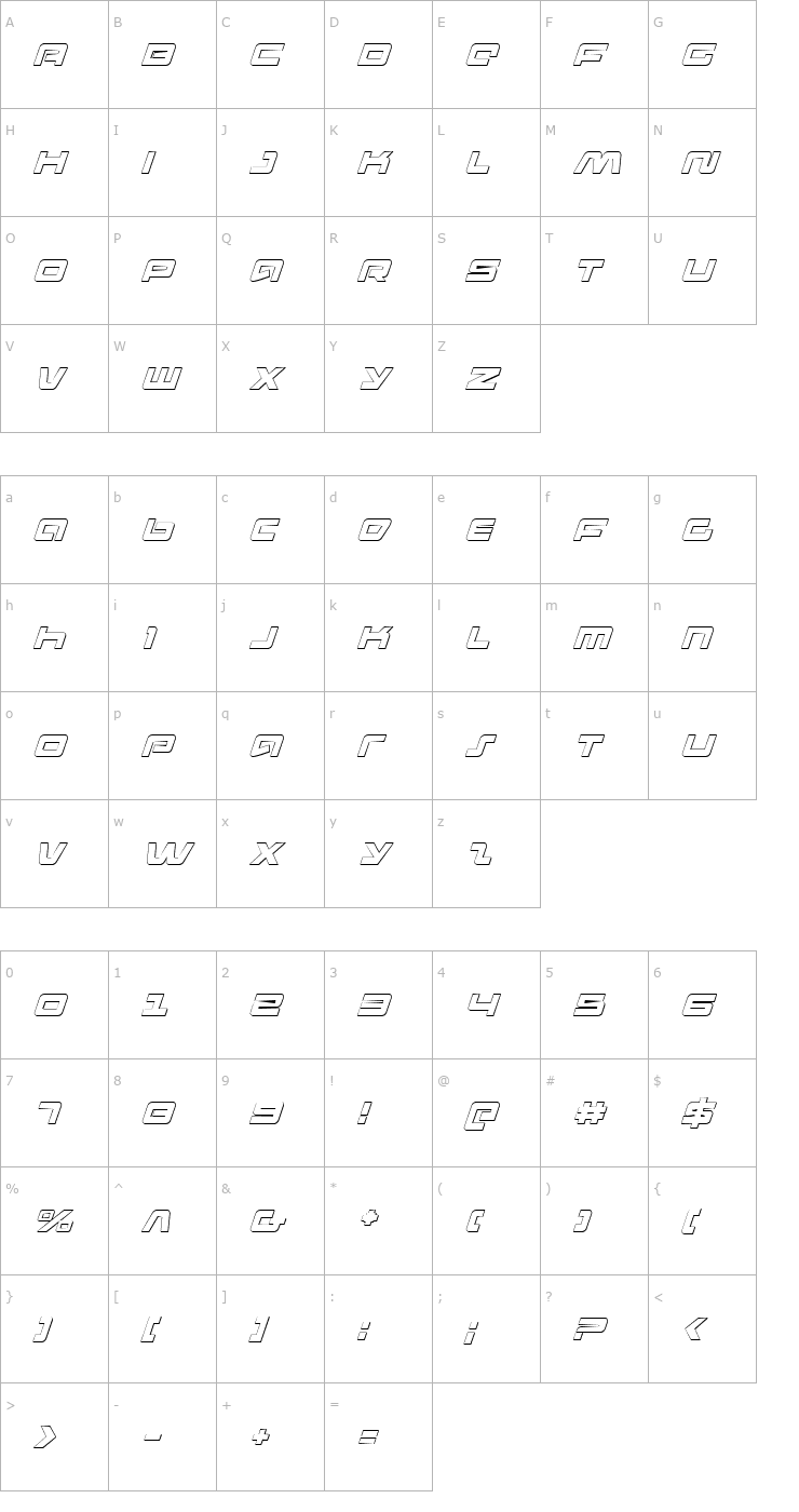 Character Map Pulse Rifle 3D Italic Font