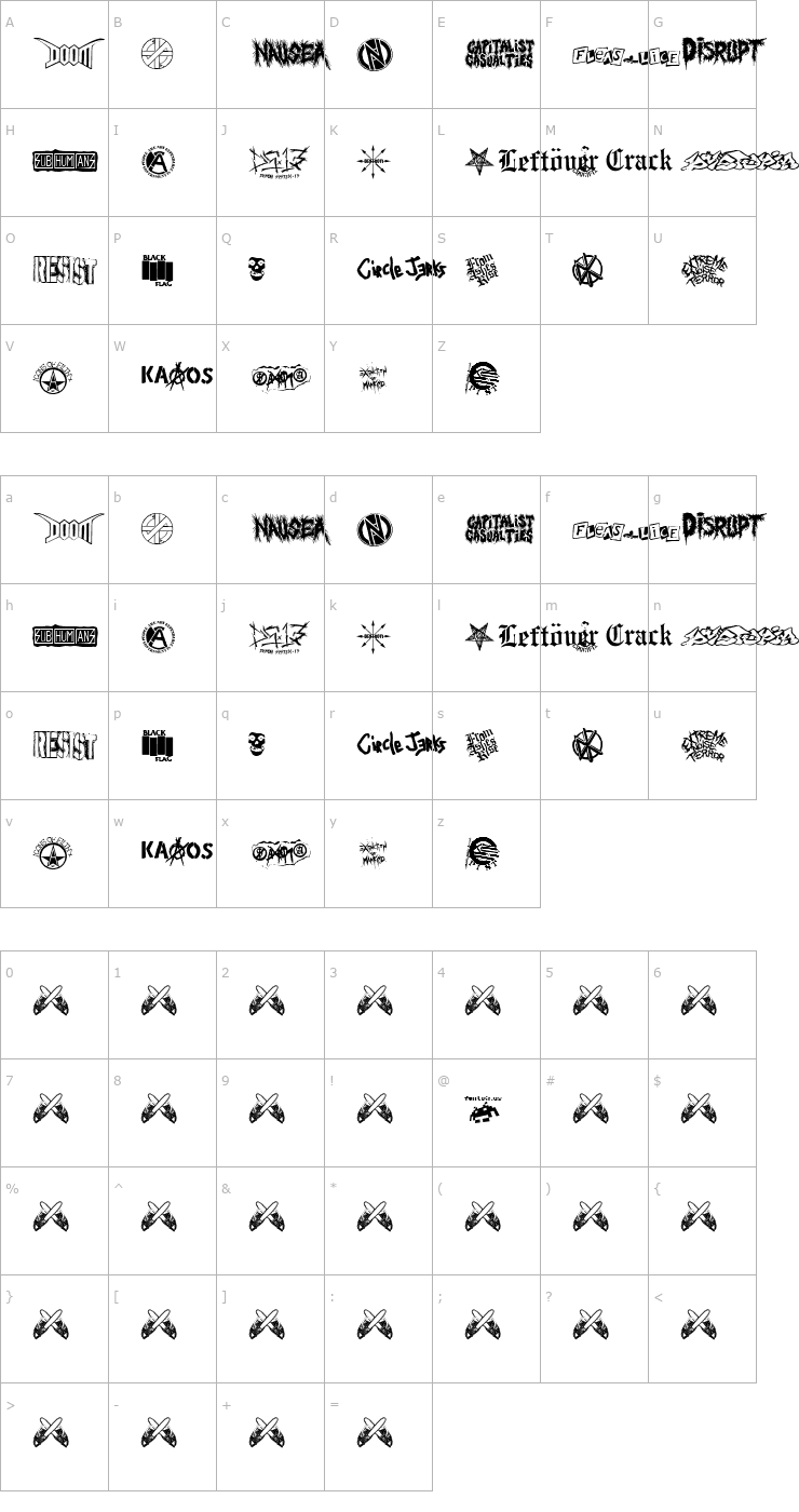 Character Map Punk Rawk Font