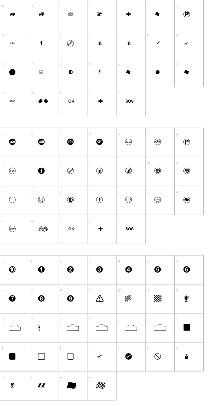 Character Map Rally Symbols Font