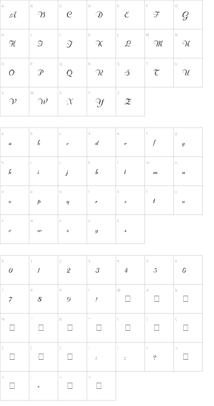 Character Map Rechtman-Script Medium Font