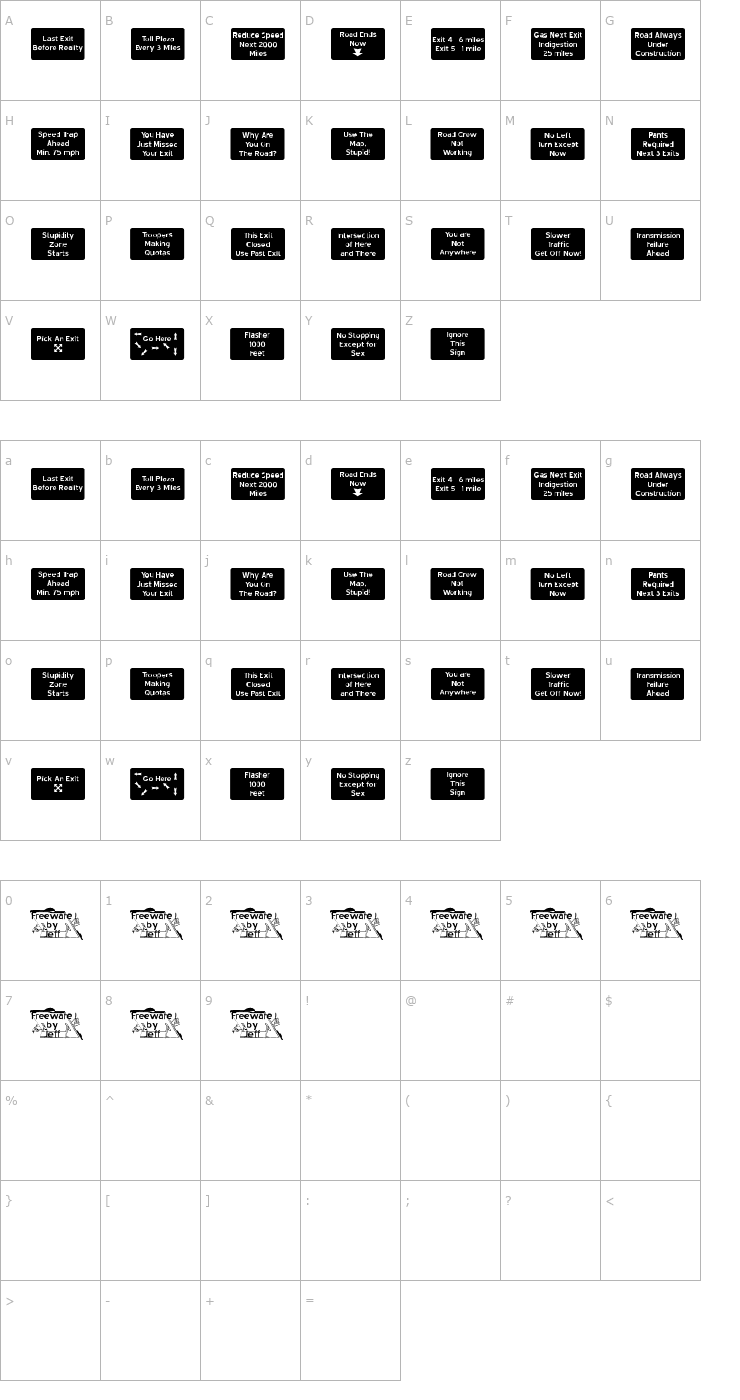 Character Map Road to Nowhere JL Font