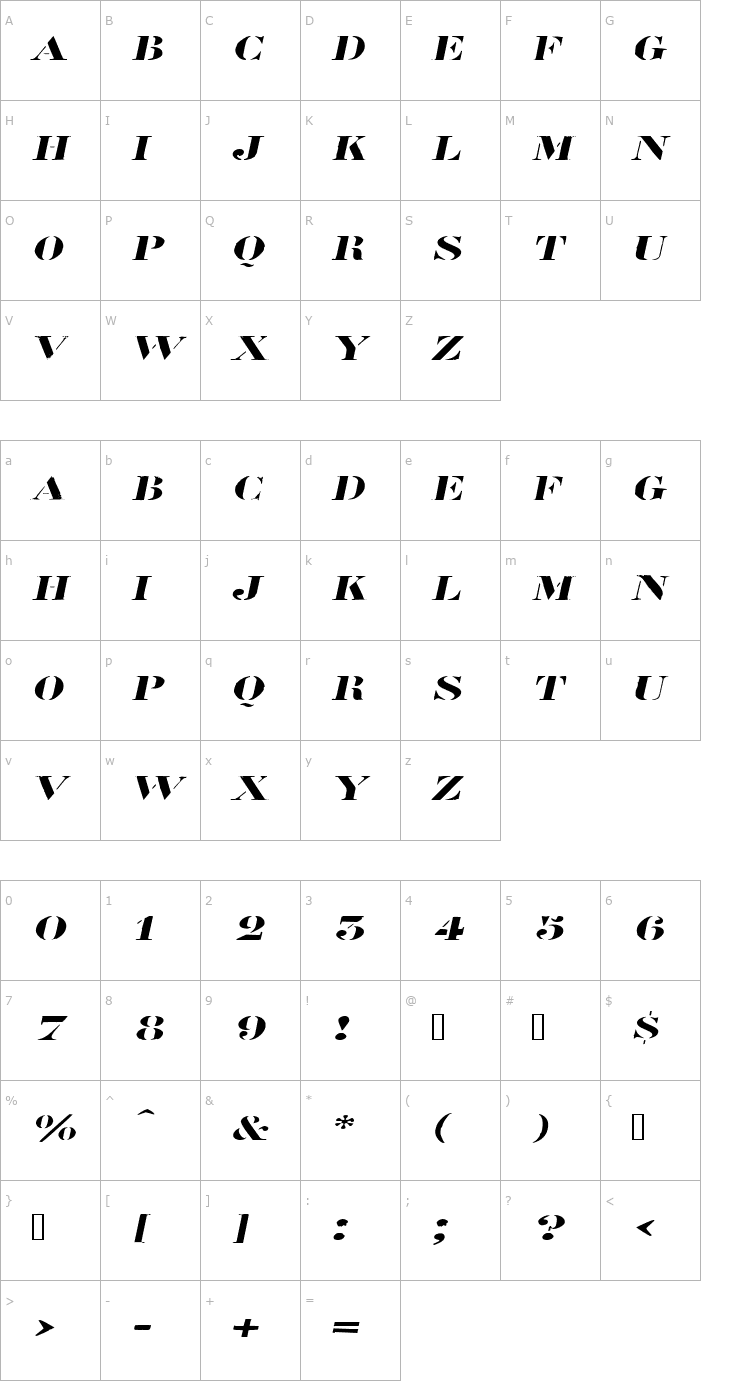 Character Map RoadcaseExtended Oblique Font