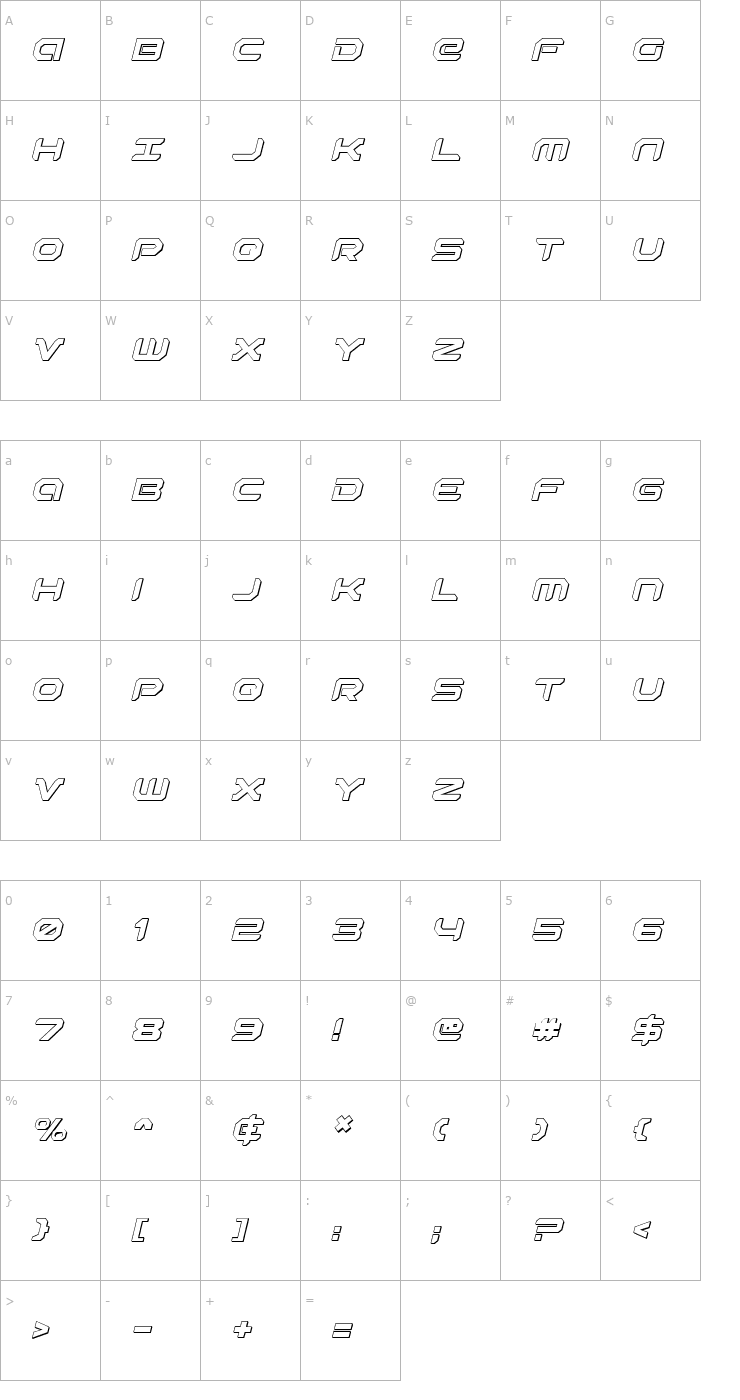 Character Map Robotaur 3D Italic Font