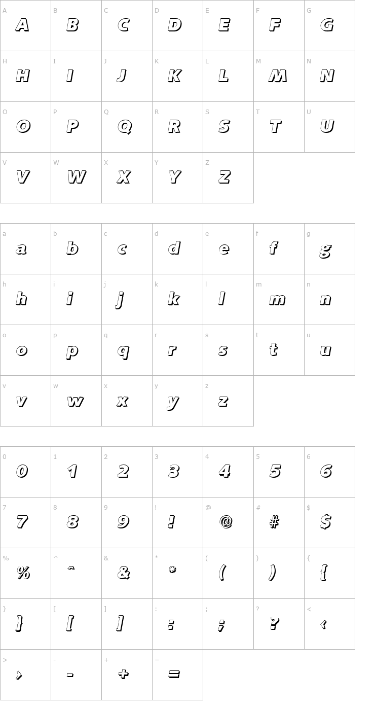 Character Map RogerBeckerShadow-ExtraBold-Italic Font