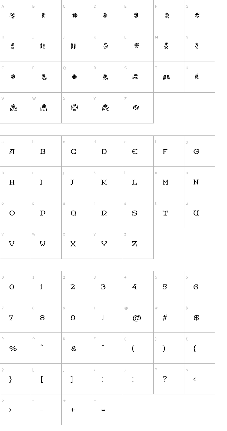 Character Map RoseGardenEF-BoldInlayTwo Font