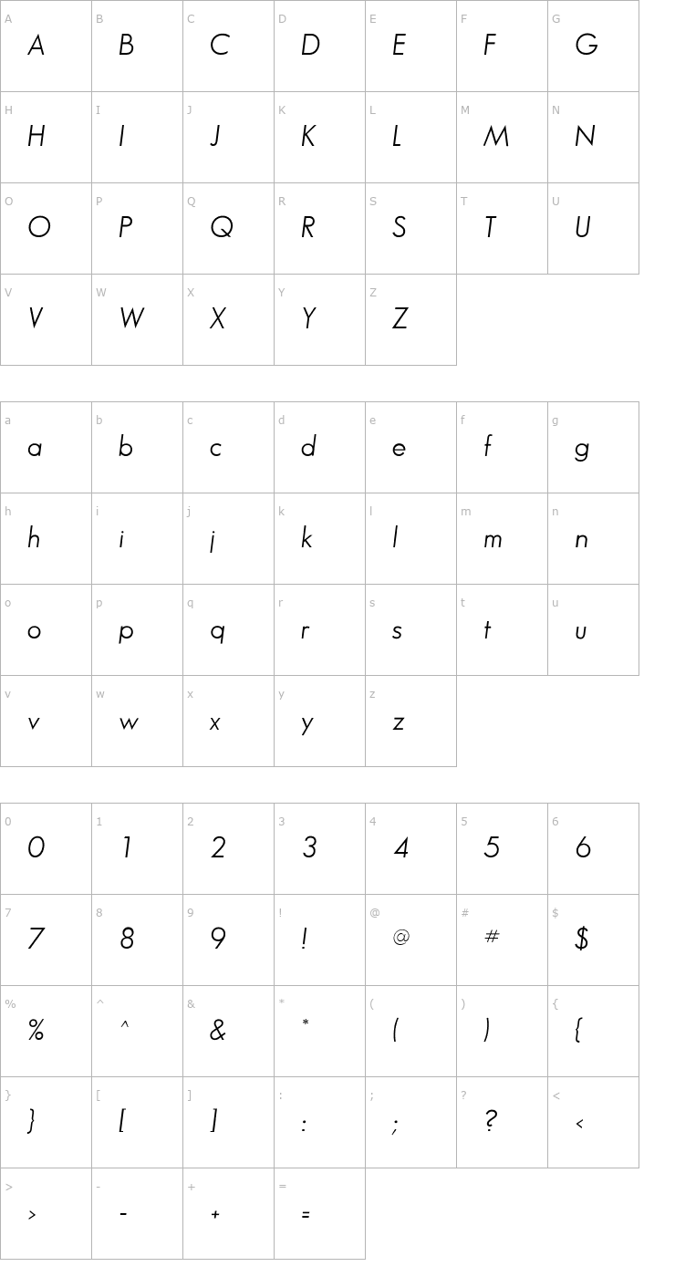 Character Map SansSerifBookFLF-Italic Font