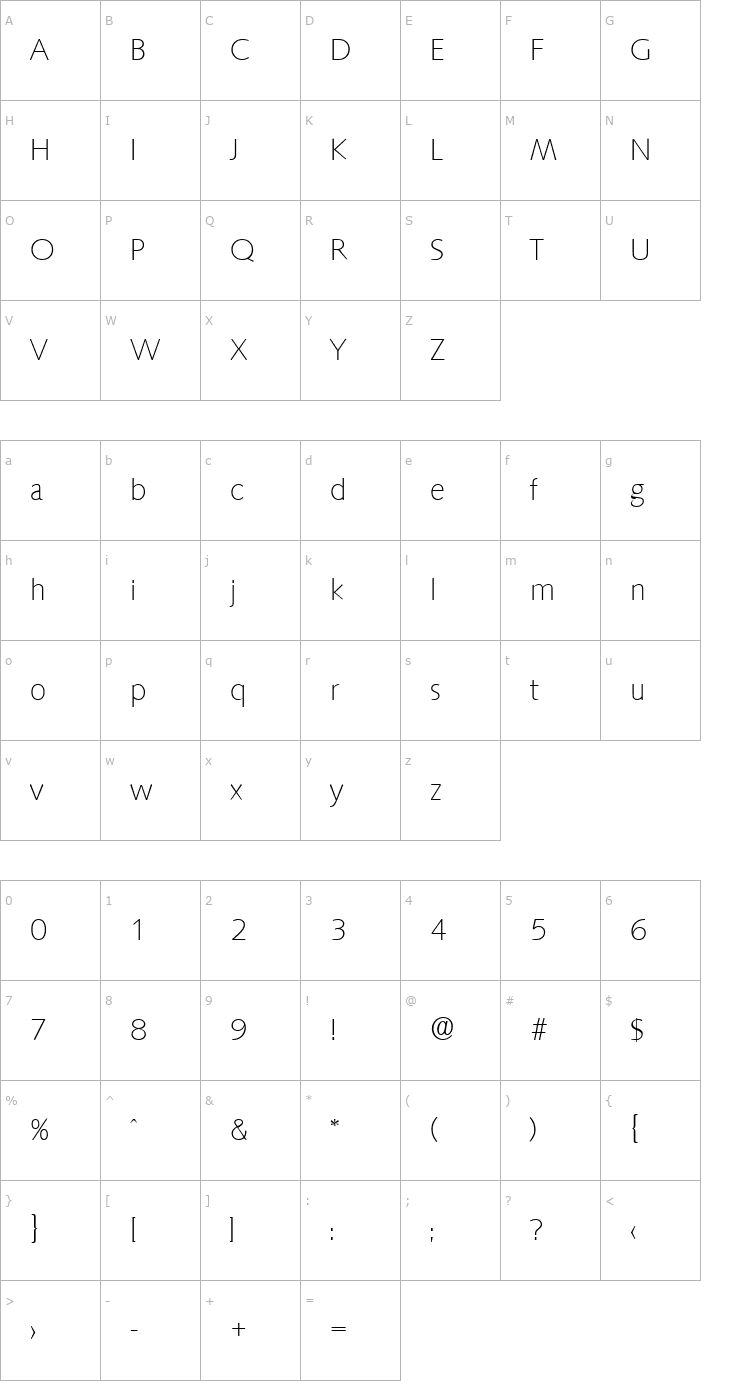 Character Map Saxony-Serial-ExtraLight-Regular Font