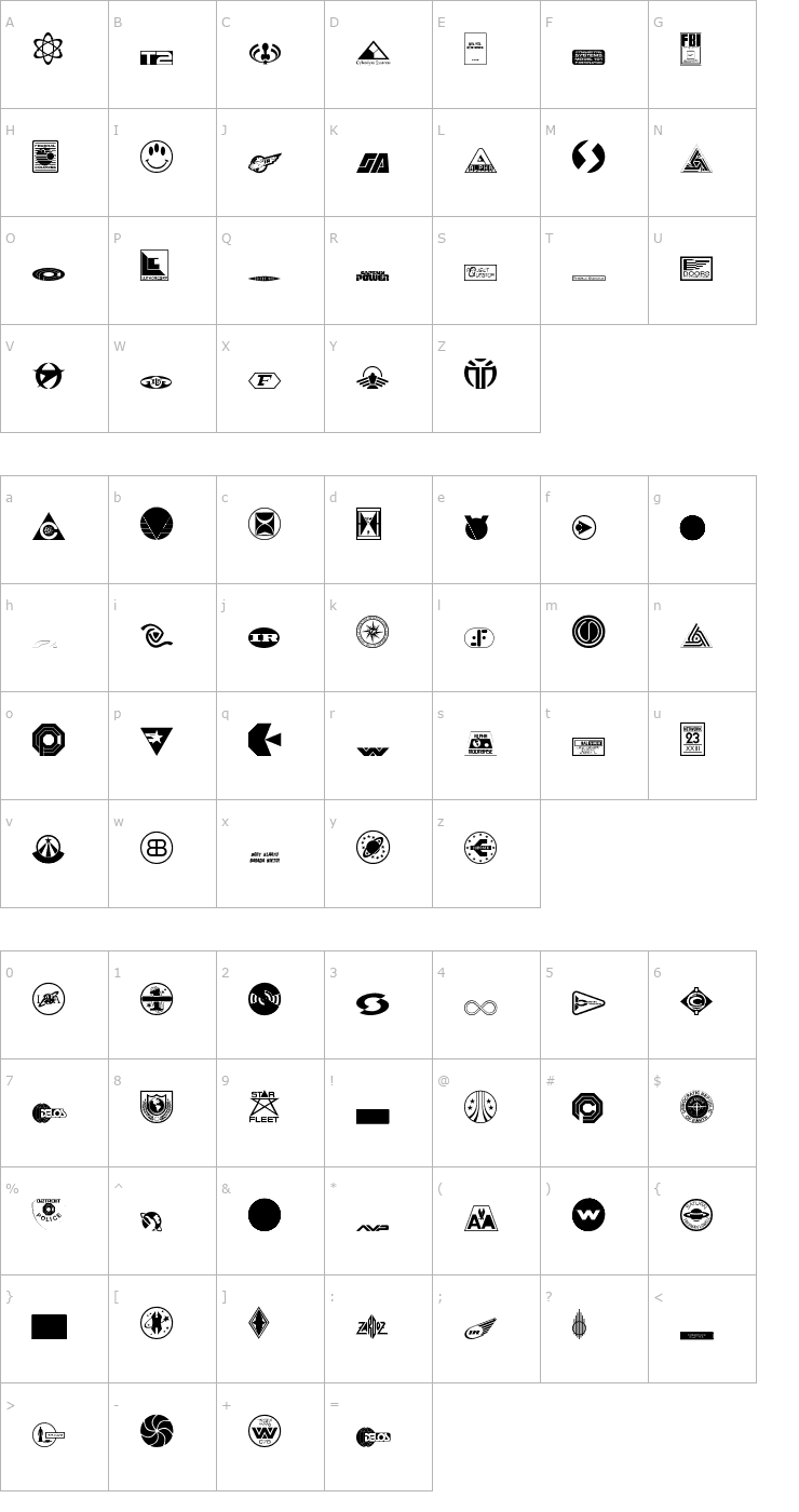 Character Map Sci-Fi-Logos Font