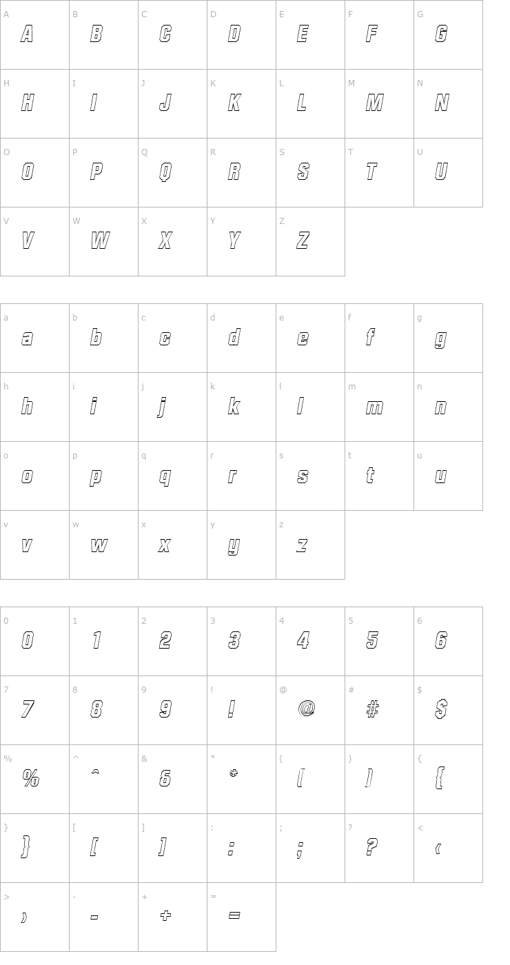 Character Map SeanBeckerOutline-ExtraBold-Italic Font