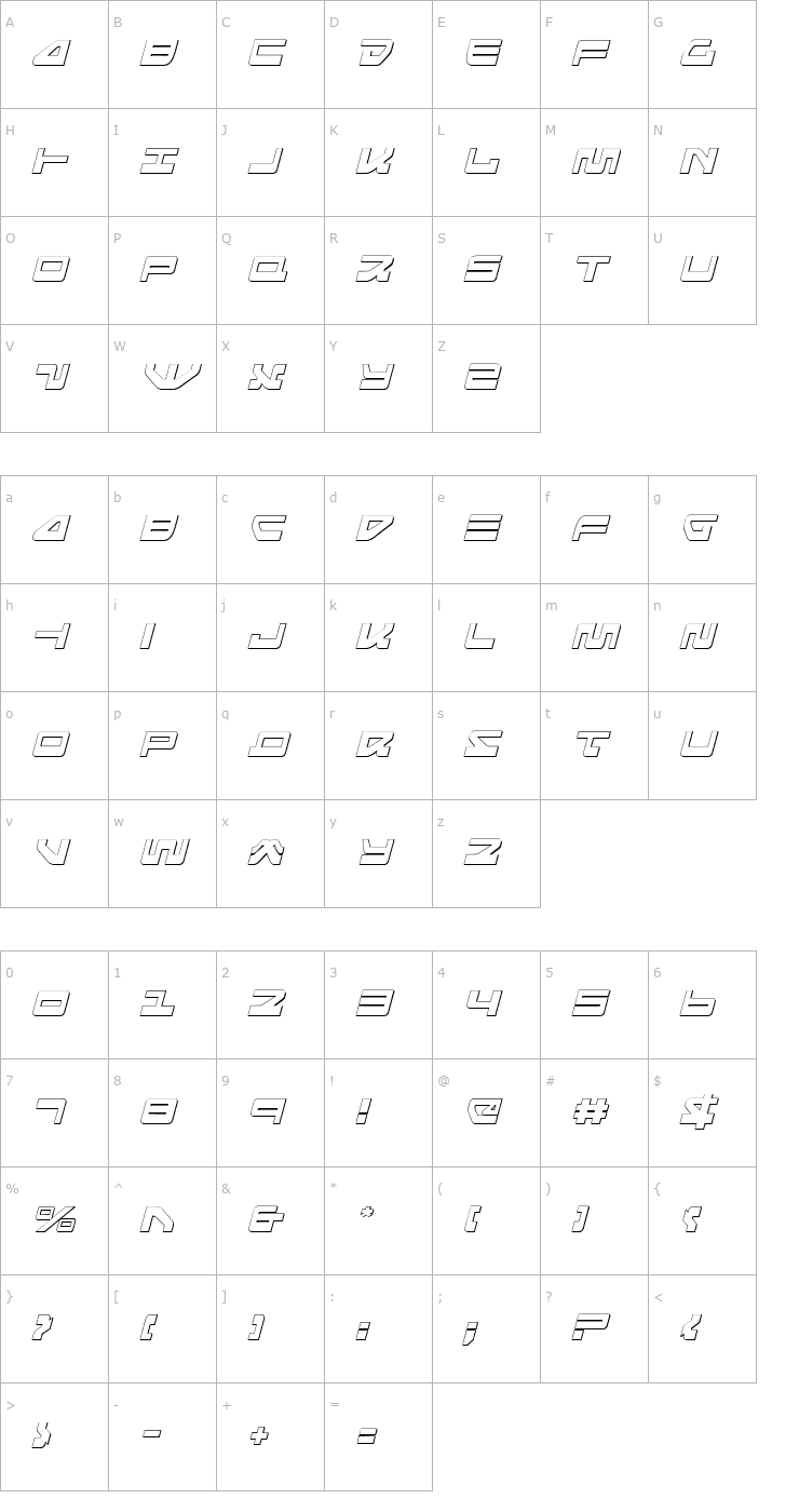 Character Map Searider Falcon 3D Italic Font