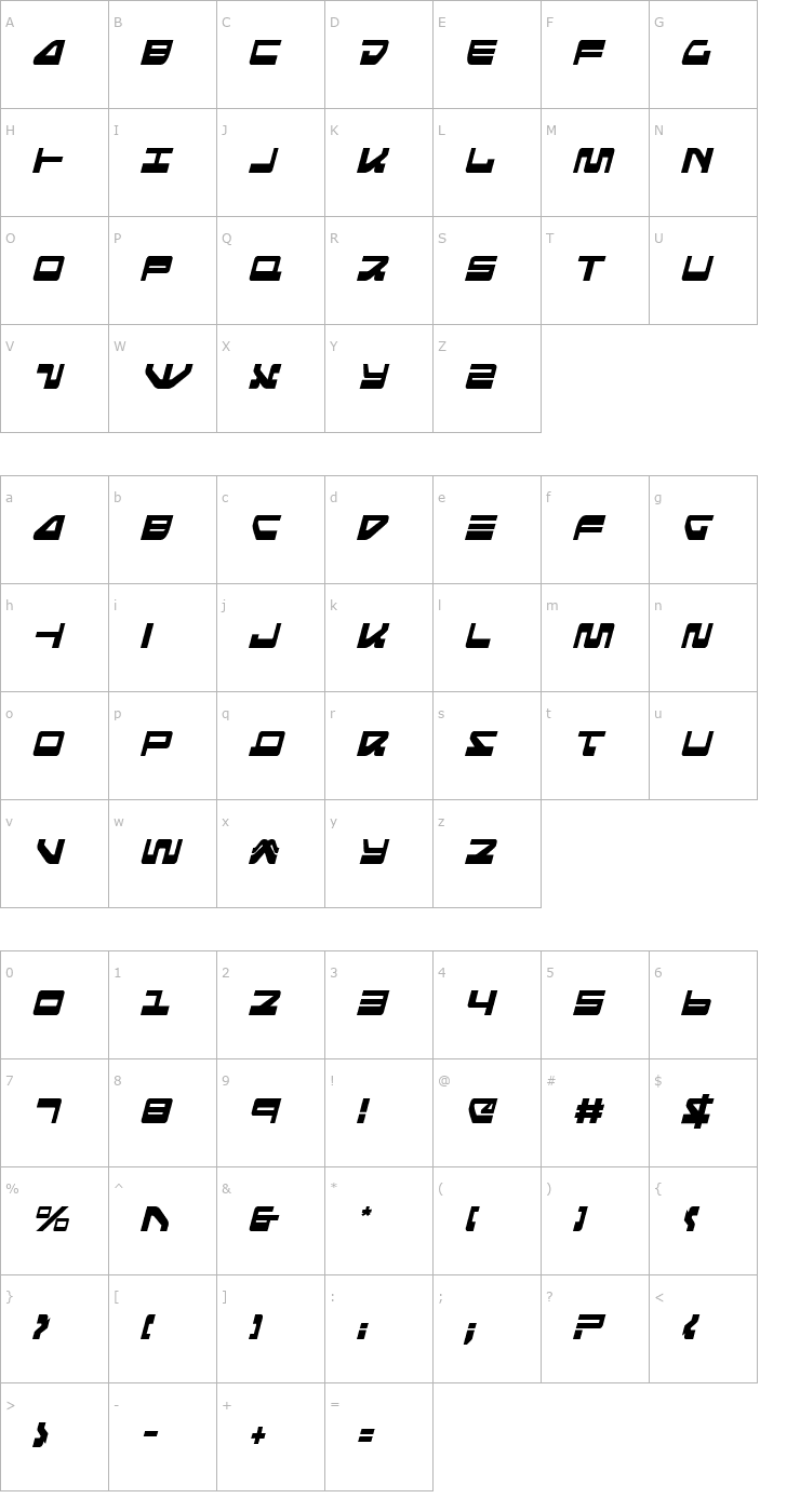 Character Map Searider Falcon Condensed Italic Font