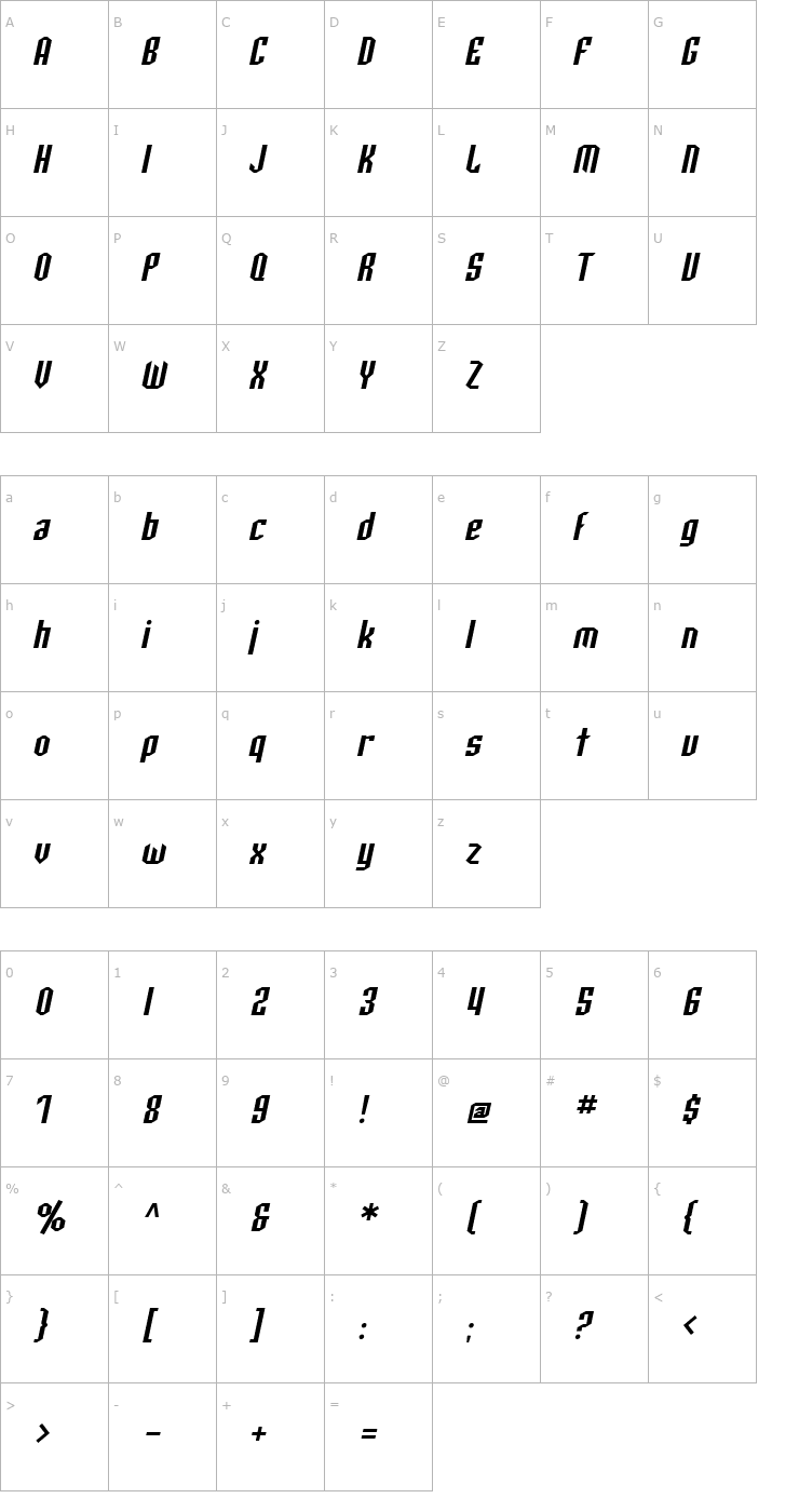 Character Map SF Archery Black Oblique Font