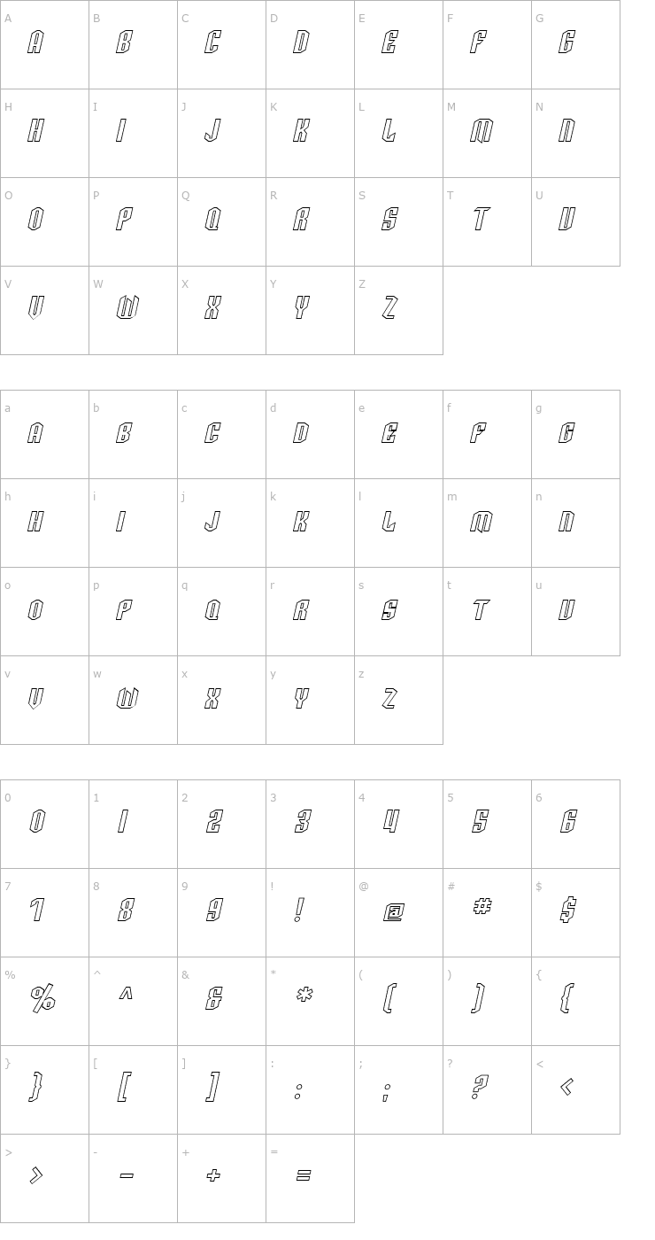 Character Map SF Archery Black SC Outline Oblique Font