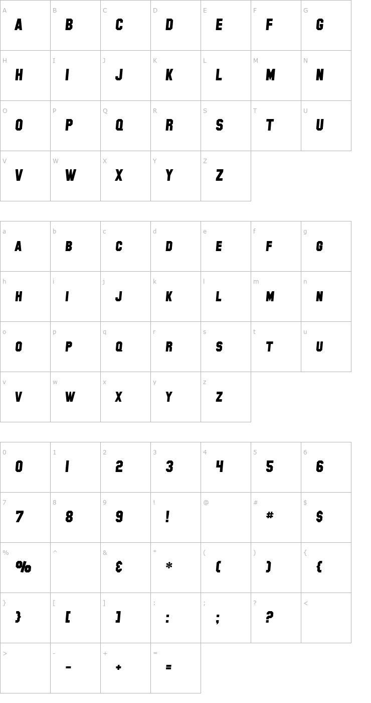 Character Map SF Collegiate Solid Bold Italic Font