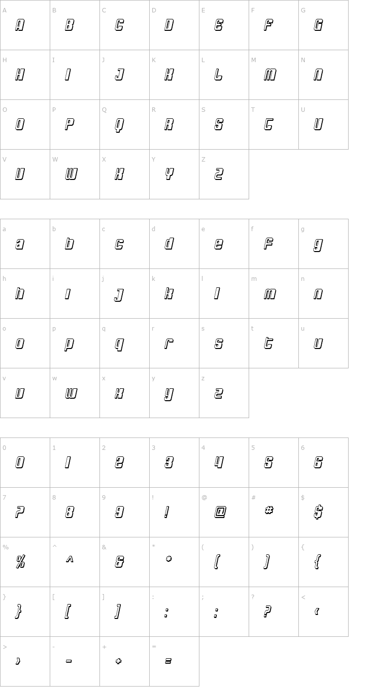 Character Map SF DecoTechno Shaded Oblique Font