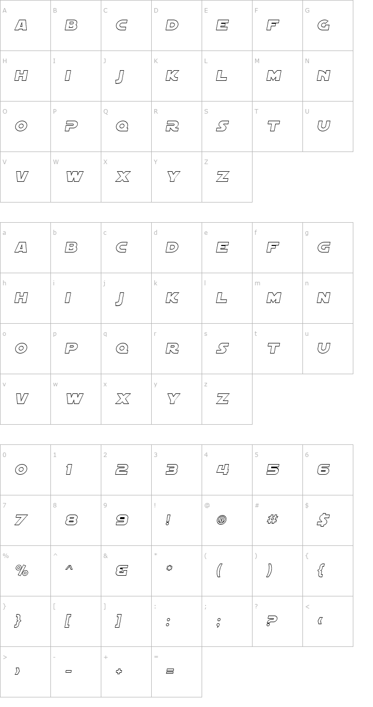 Character Map SF Distant Galaxy Outline Italic Font