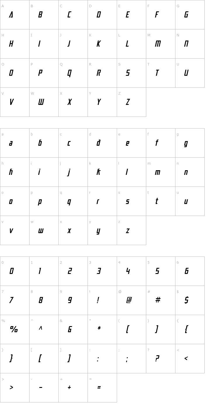 Character Map SF Electrotome Condensed Oblique Font