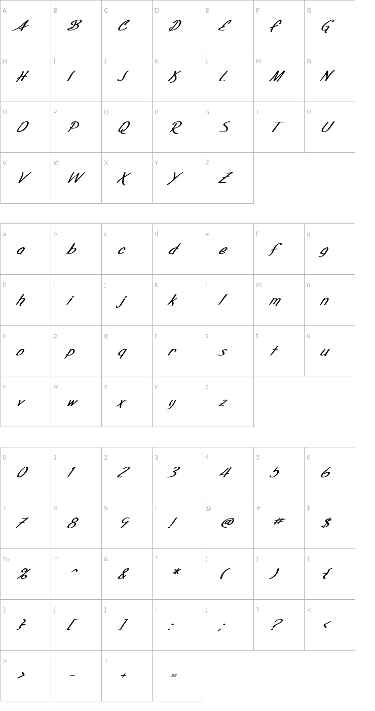 Character Map SF Foxboro Script Extended Bold Italic Font