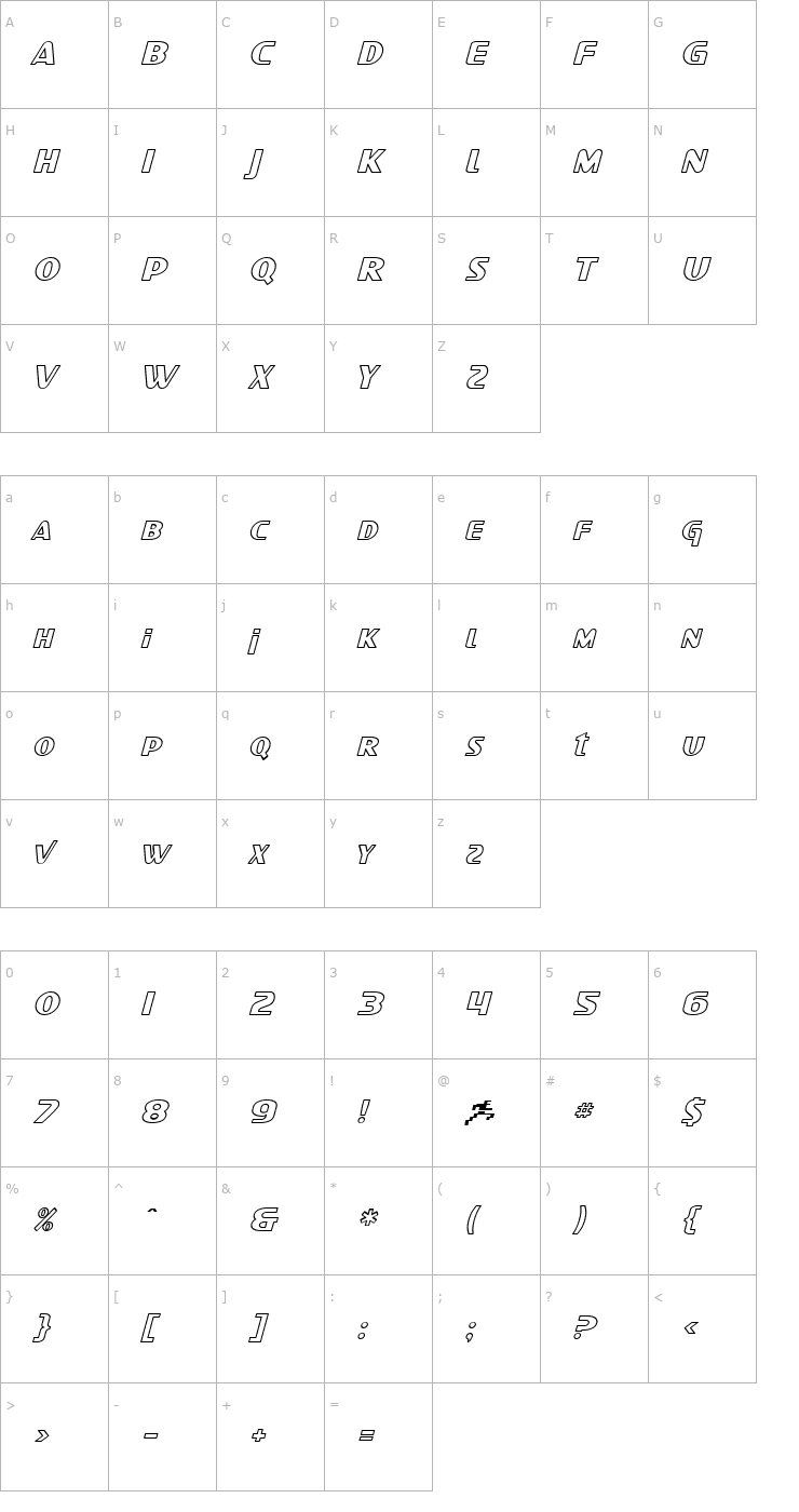 Character Map SF Intellivised Outline Italic Font