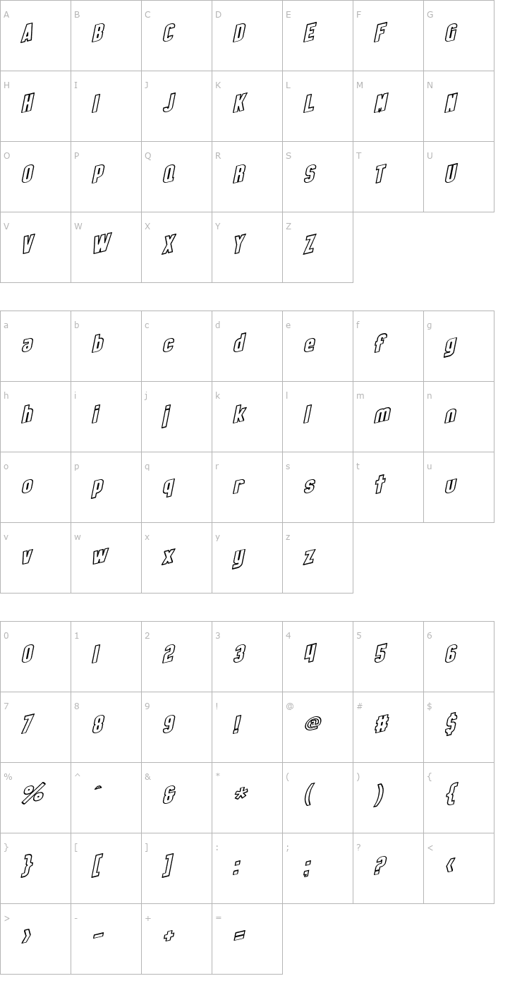 Character Map SF Obliquities Outline Bold Font