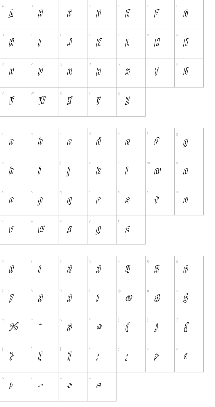 Character Map SF Obliquities Outline Font