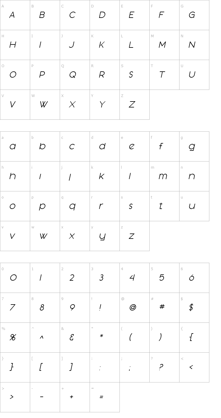 Character Map SF Orson Casual Light Oblique Font