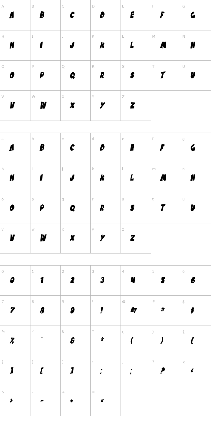 Character Map SF Pale Bottom Condensed Oblique Font