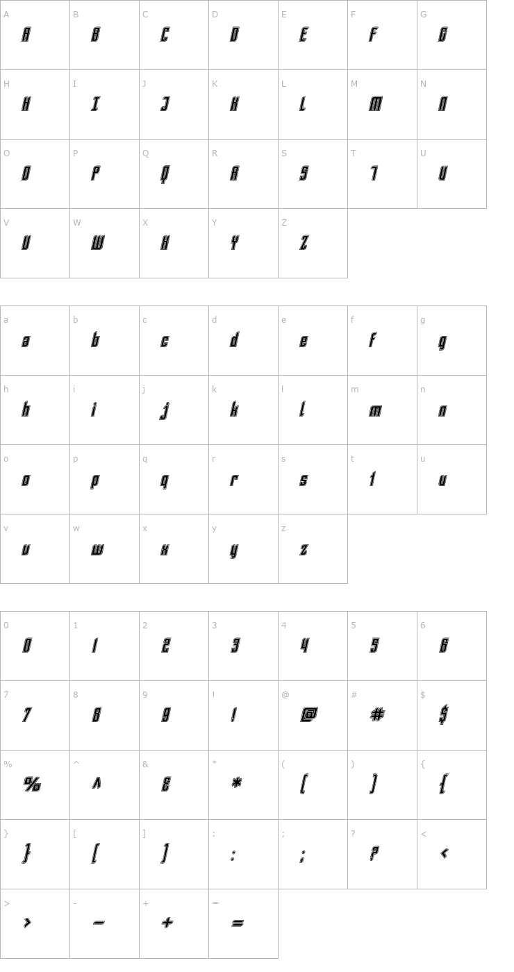 Character Map SF Piezolectric Inline Oblique Font