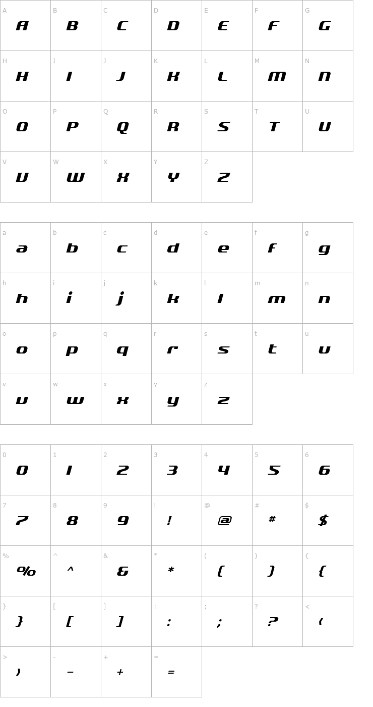 Character Map SF Quartzite Oblique Font