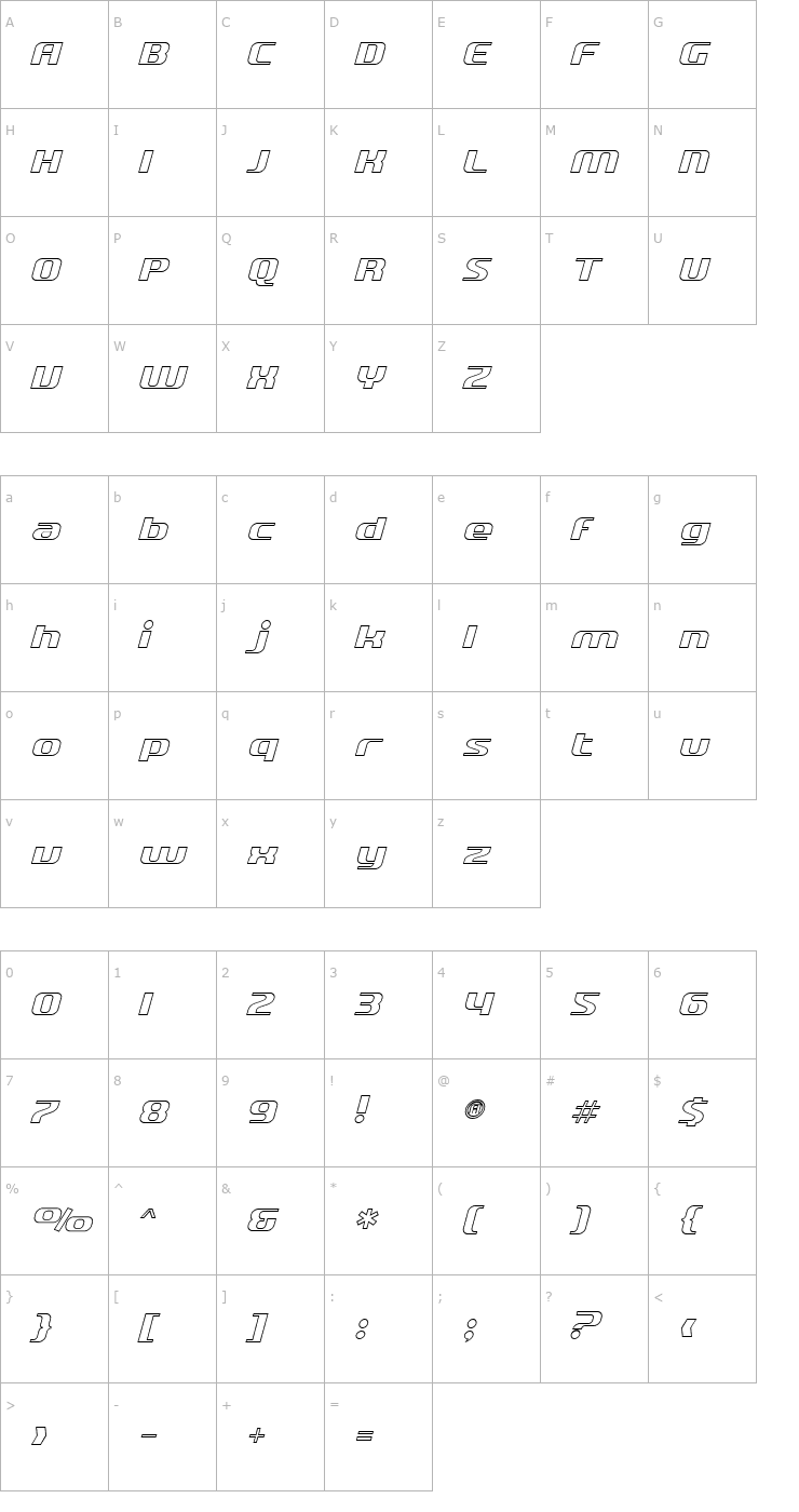 Character Map SF Quartzite Outline Italic Font