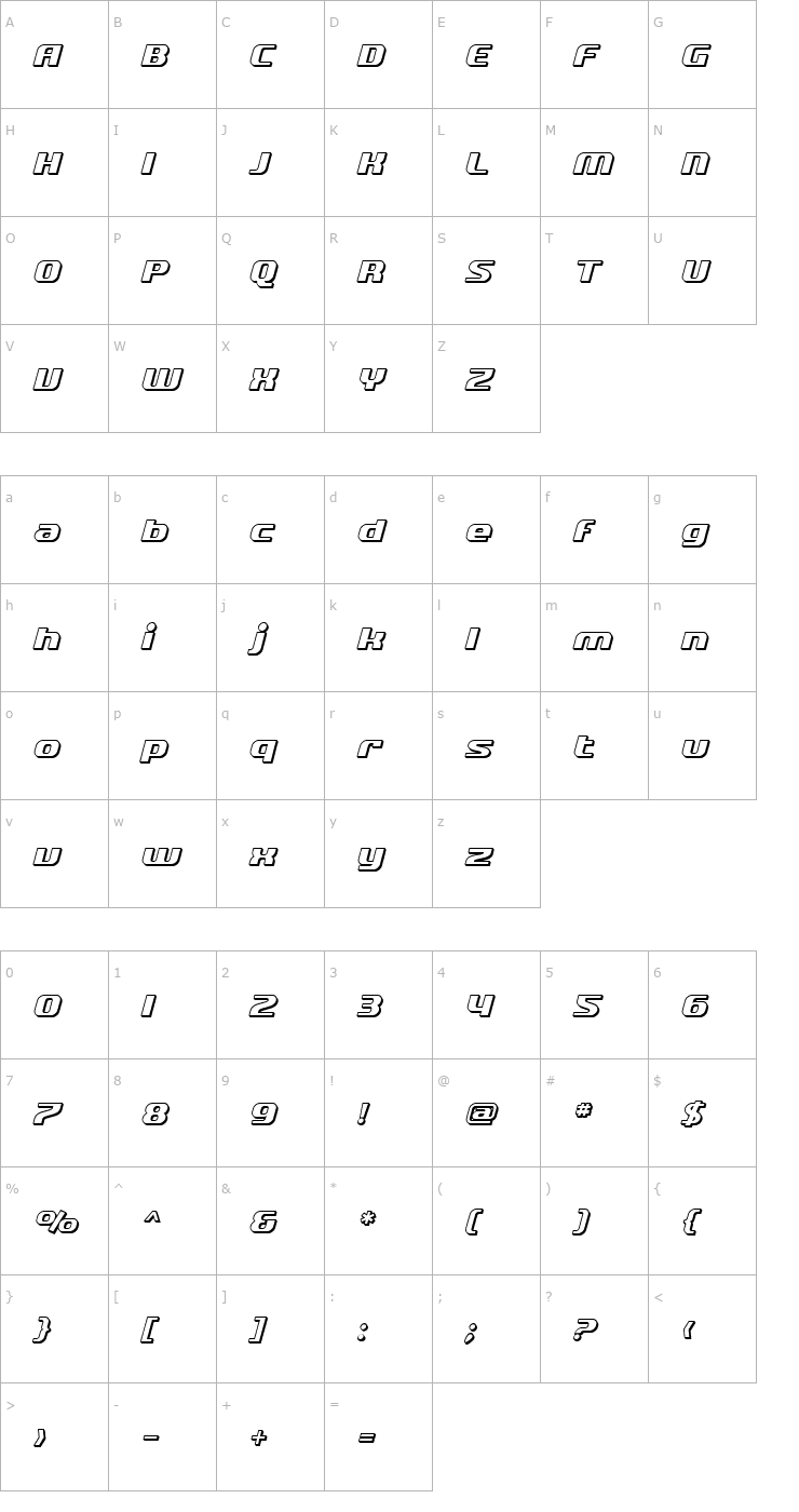 Character Map SF Quartzite Shaded Oblique Font