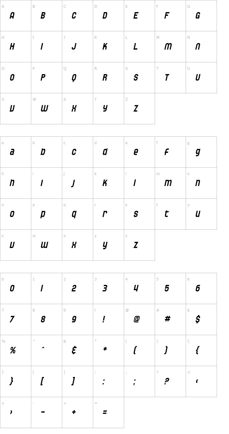 Character Map SF Speedwaystar Condensed Oblique Font