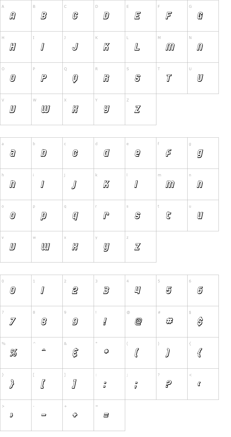 Character Map SF Speedwaystar Shaded Oblique Font