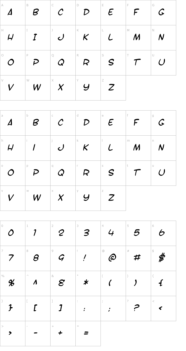 Character Map SF Toontime B Italic Font