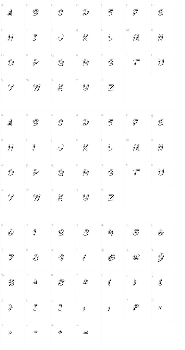 Character Map SF Toontime Shaded Italic Font