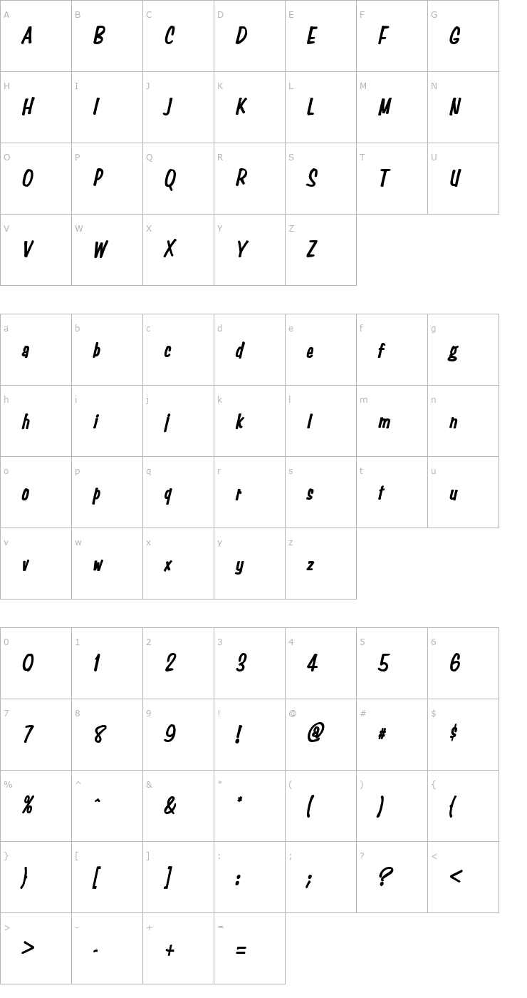 Character Map Simpson Condensed Heavy BoldItalic Font