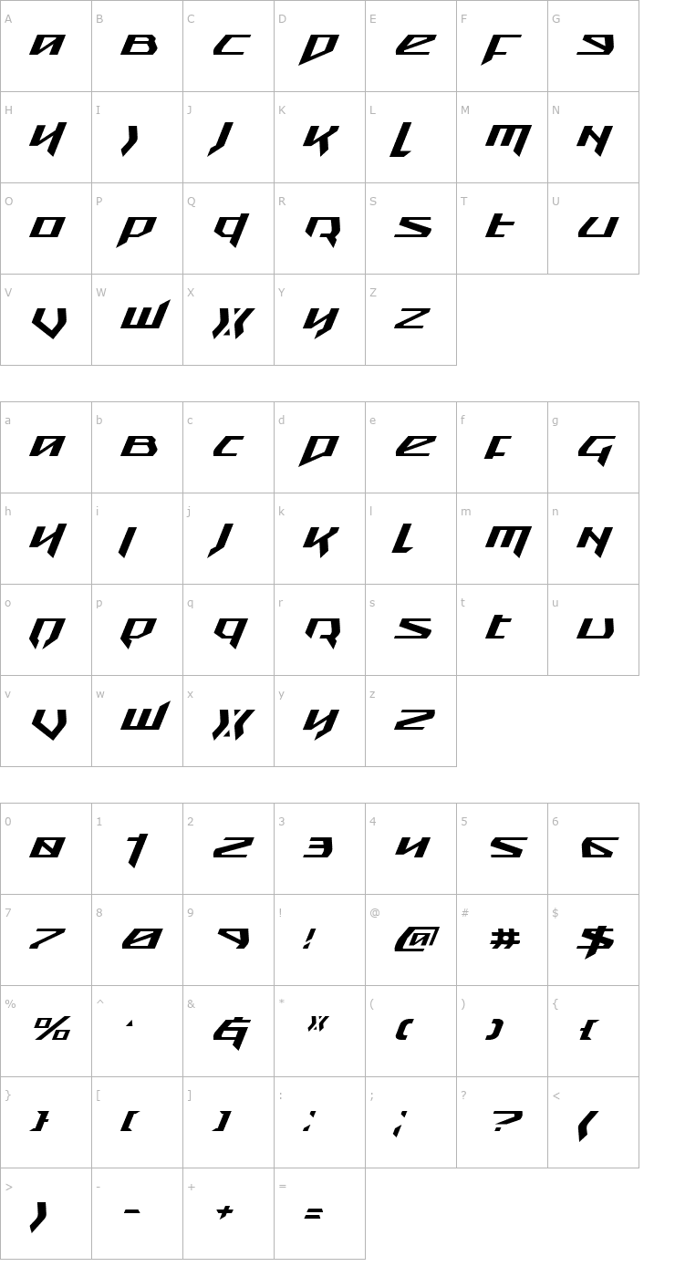 Character Map Snubfighter Expanded Italic Font