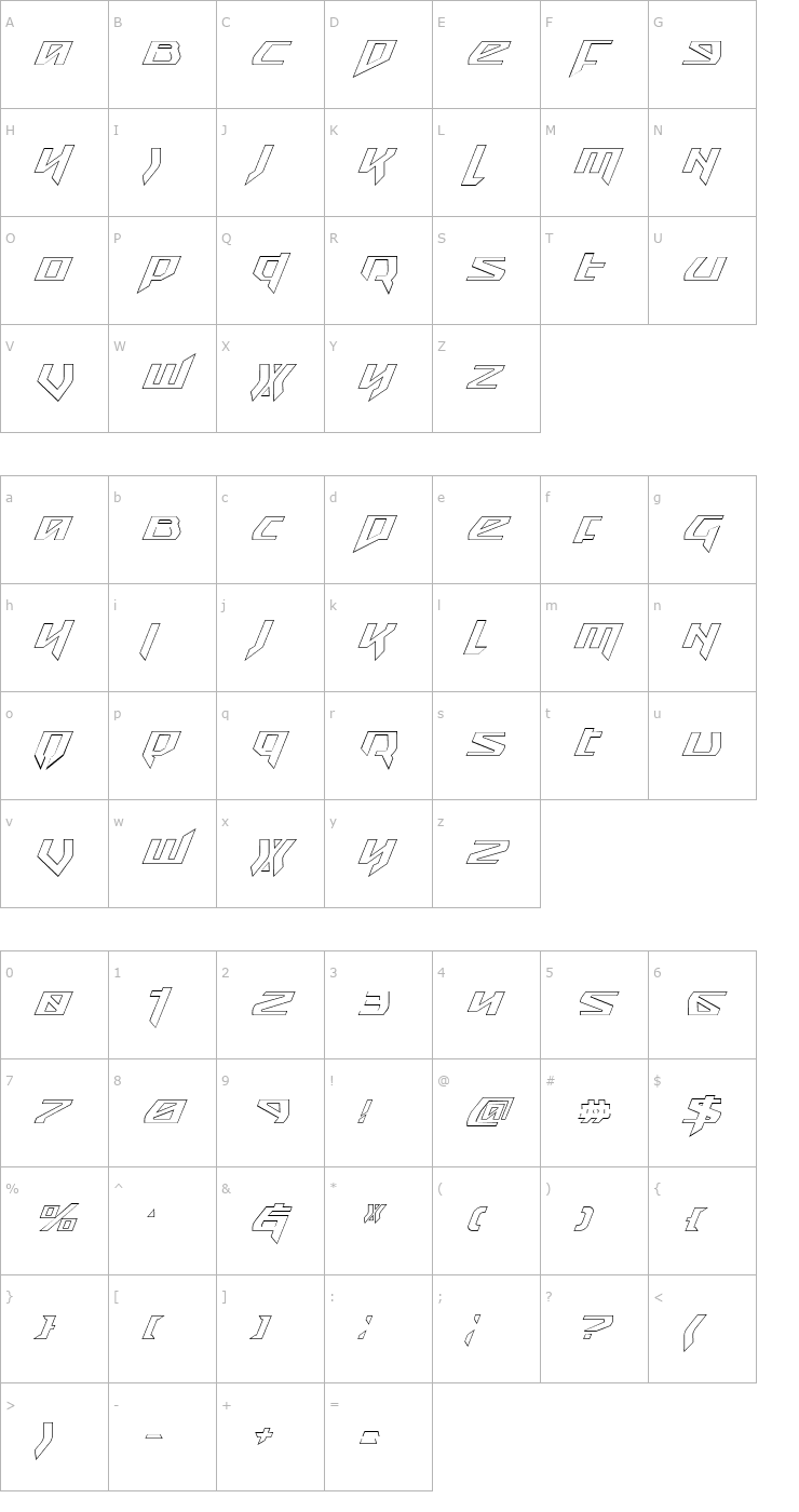 Character Map Snubfighter Outline Italic Font