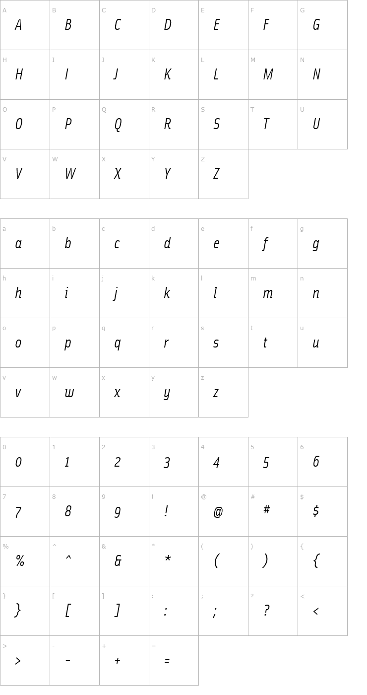 Character Map SolexRegularItalic Font