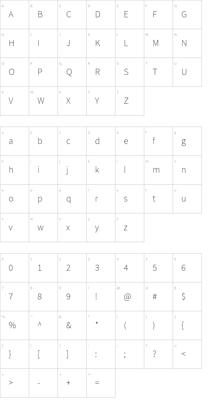 Character Map Source Sans Pro ExtraLight Font