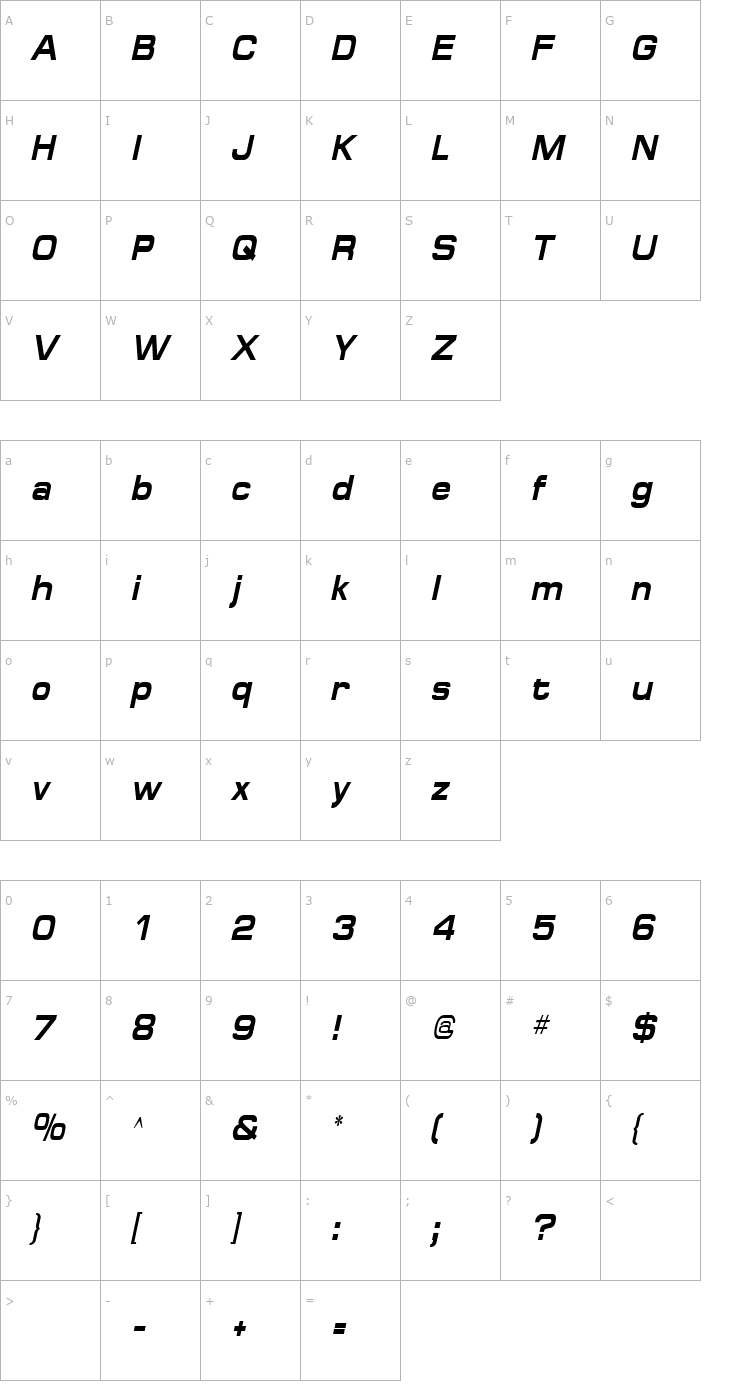 Character Map SpaceOutBoldCondensed Italic Font